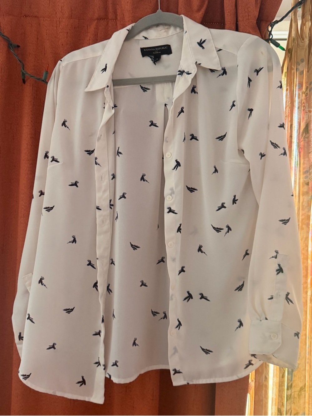 Banana Republic White Button-Up Shirt with Black Bird Print